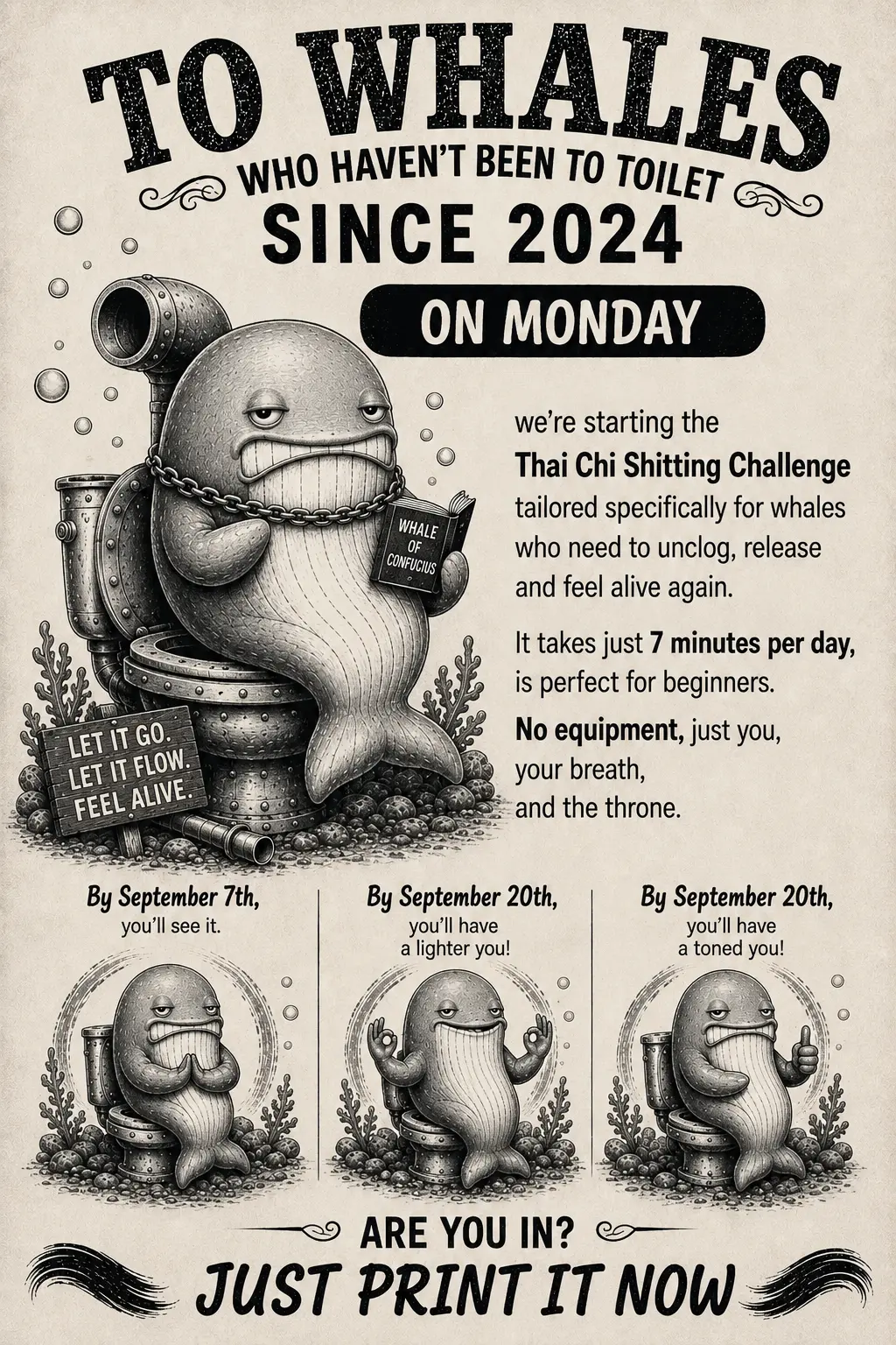 Satirical advert: Thai Chi Shitting Challenge for whales who haven't been to the toilet since 2024